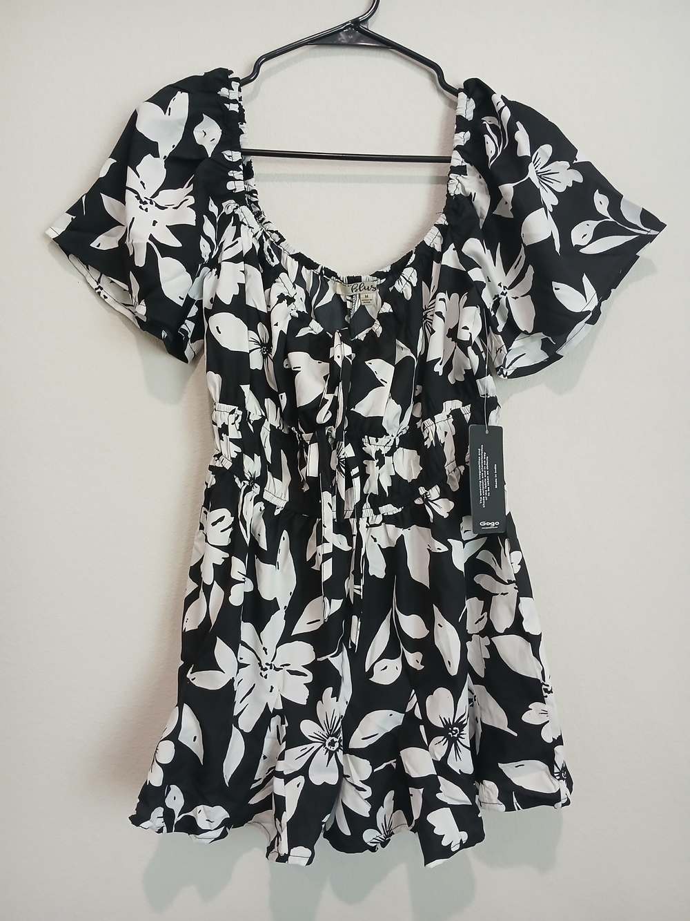 Hint Of Blush Black & White Floral Off-the-Shoulder Smocked Waist Romper